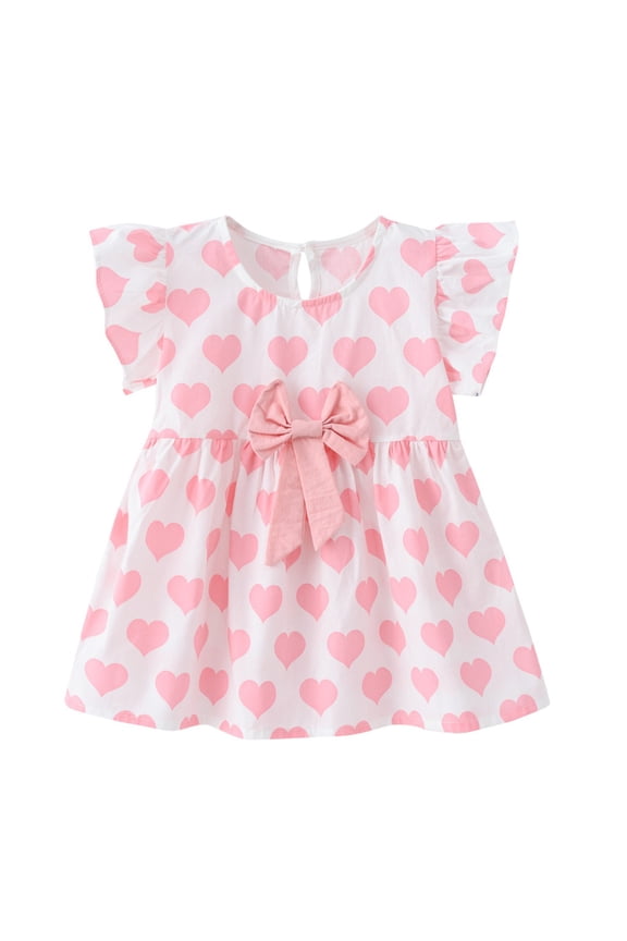 Toddler Baby Girls Princess Dress Swing Love Heart Print Round Neck Ruffl𝖾d Short Sleeve Casual Toddler Gown Frock Outfit Apparel Clothing Wear Style