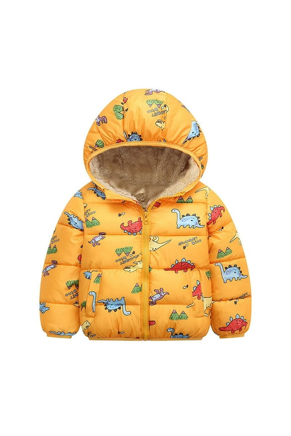 Toddler Boys and Girls Long Sleeve Hooded Dinosaur Print Padded Zip Jacket with Pockets Plush Inside Winter Outfit, Warm Cozy Winter Coat for Kids, Dinosaur Clothes for Toddler