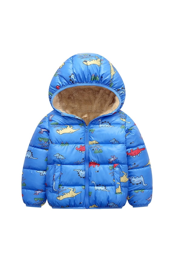 Toddler Boys and Girls Long Sleeve Hooded Dinosaur Print Padded Zip Jacket with Pockets Plush Inside Winter Outfit, Warm Cozy Winter Coat for Kids, Dinosaur Clothes for Toddler