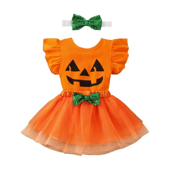 XXWXYD Toddler Girl Pumpkin Print T-Shirt and Tulle Skirt with Headband Set, Short Sleeve Halloween Outfit for 3-24 Months, Cute Baby Girl for Halloween Pa𝐫𝐭y
