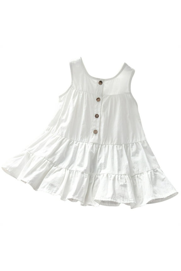 Toddler Girl Summer Beach Sundress Cotton Linen Suspender Sleeveless Button Casual Play Dress Gown Frock Outfit Kids Children Apparel Clothing Wear Vacation