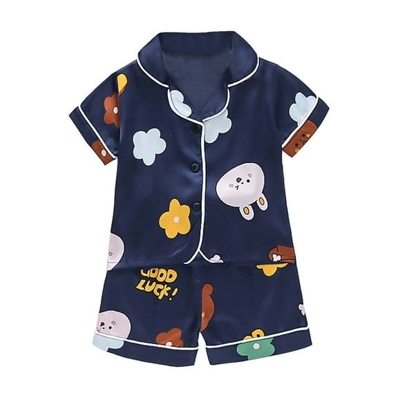 XXWXYD Toddler Girls Boys Pajamas Set 2PC Satin Sleepwear Unisex 𝖲ilk Short Sleeve Button Down Printed Shirt with Pants Comfy Cozy Outfit