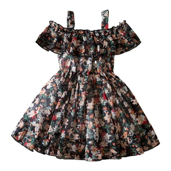 XXWXYD Toddler Girls Floral Chiffon Dress Off-Shoulder Ruffle Hem Tunic Casual Summer Outfit Breathable Twirl Dress with Elastic Neckline
