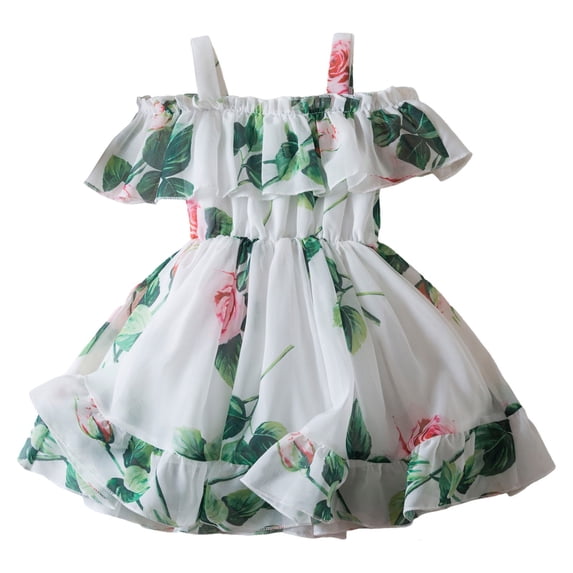 XXWXYD Toddler Girls Floral Chiffon Dress Off-Shoulder Ruffle Hem Tunic Casual Summer Outfit Breathable Twirl Dress with Elastic Neckline