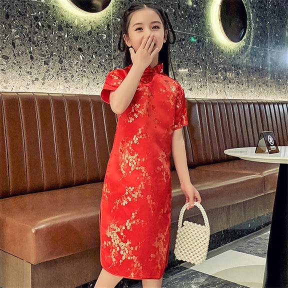 XXWXYD Toddler Girls Floral Print Cheongsam Dress, Stand Up Collar Chinese Styled New Year’s Gown Holiday Dresses, Big Kids Traditional Oriental Style Par𝗍y Outfit for Festivals