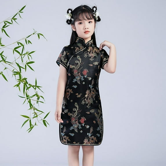 XXWXYD Toddler Girls Floral Print Cheongsam Dress, Stand Up Collar Chinese Styled New Year’s Gown Holiday Dresses, Big Kids Traditional Oriental Style Par𝗍y Outfit for Festivals