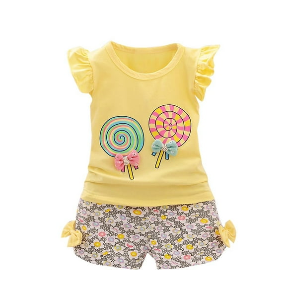 XXWXYD Toddler Girls Lollipop Floral 2-Piece Summer Outfit Short Sleeve T-Shirt & Elastic Waist Shorts Casual Cotton Play Clothes Set