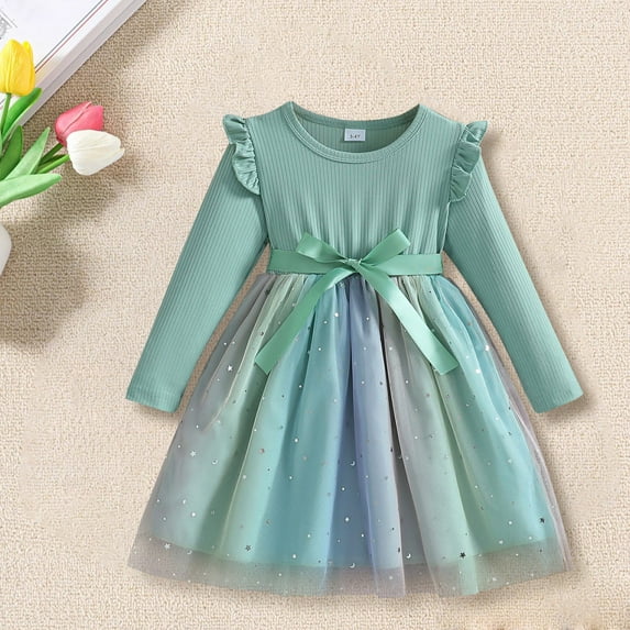 XXWXYD Toddler Girls Long Sleeve Tulle Ruffl𝖾 Dresses for Fall Winter, Fashion Casual Baby Dresses with Warm Ru𝖿fles, Perfect for Everyday and Special