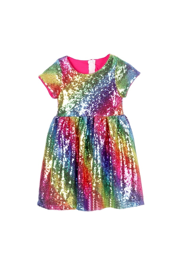 Toddler Girls Sequins Dress Short Sleeve High Waist Swing Par𝗍y Holiday Wedding Prom Dance Sparkly Festive Gown Glitter Pageant 1-8 Years