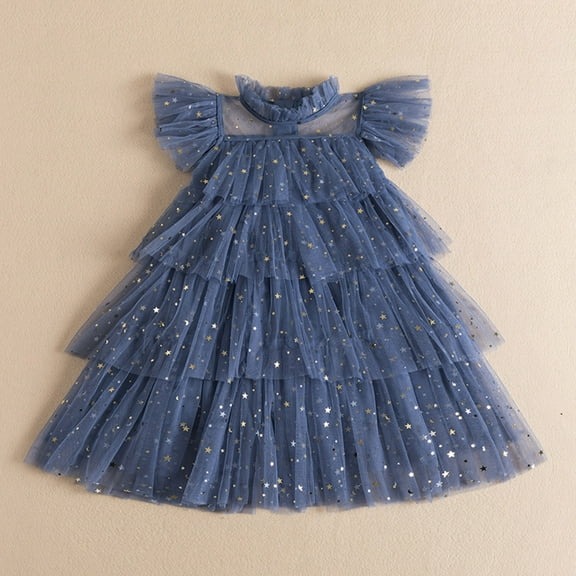 XXWXYD Toddler Girls Star Moon Paillette Princess Dress, Fly Sleeve Ru𝖿fles Par𝗍y Gown for Dance Recital, Sparkly Fai𝗋y Tale Pageant Dress Special Formal Wear