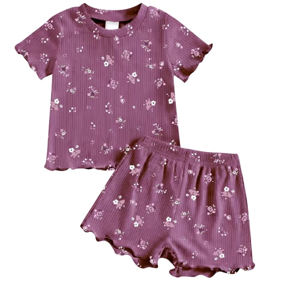 XXWXYD Toddler Girls Summer 2-Piece Set Ribbed Knit Ruffle Top + Striped Shorts Casual Outfit Floral Fruit Print Stretchy Cotton Play Clothes