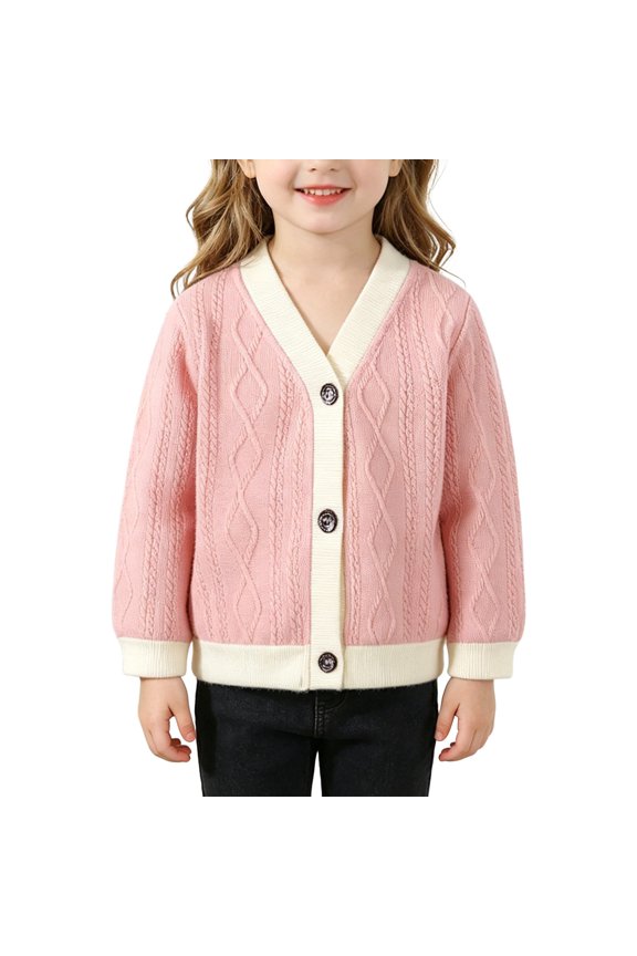 Toddler Girls Sweater Cardigan Kids Button Down V Neck Knit Jacket Color-Block Long Sleeve Open Front Knitted Coat Tops Children’S Cable Knit Sweater For School