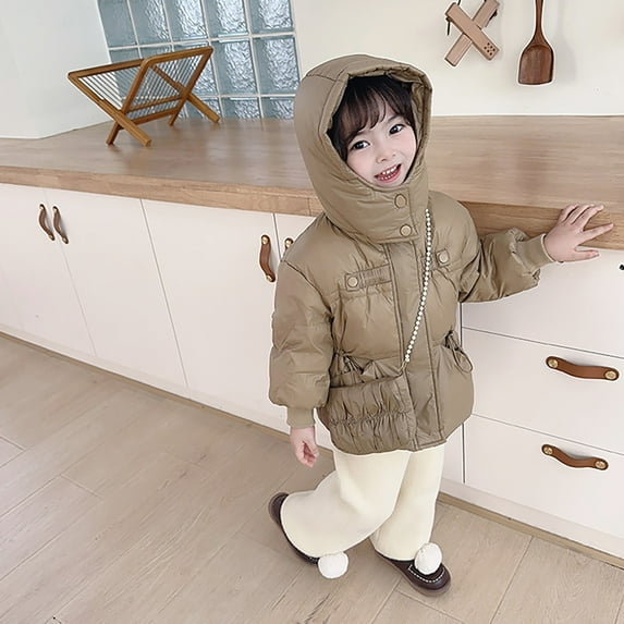XXWXYD Toddler Girls Winter Warm Thick Padded Jacket Solid Color Hooded Coat with Carry Bag, Insulated Windproof Outerwear for Cold Weather