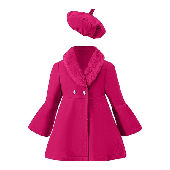 XXWXYD Toddler Girls Wool Blend Coat with Hat Flare Lapel Trench Long Sleeve Winter Warm Clothes Outerwear Holiday Season Solid Color New