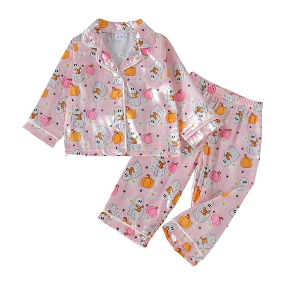 XXWXYD Toddler Halloween Pajama Set 2 Piece for Boys Girls, Satin Pumpkin Print Top and Pants Sleepwear, Luxe Loungewear with Elastic Waist