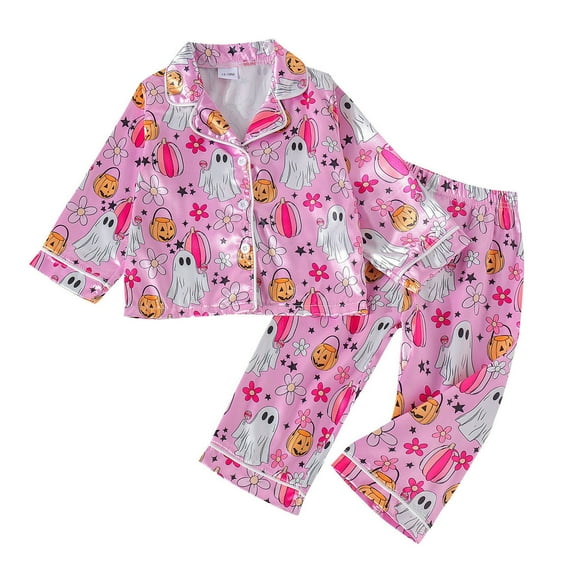 XXWXYD Toddler Halloween Pajama Set 2 Piece for Boys Girls, Satin Pumpkin Print Top and Pants Sleepwear, Luxe Loungewear with Elastic Waist
