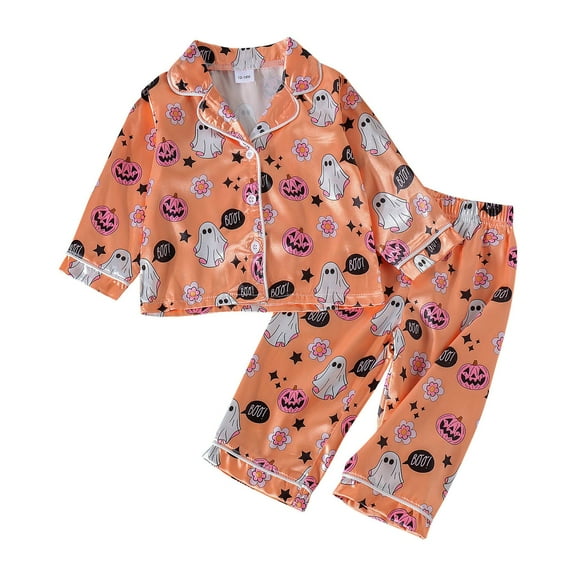 XXWXYD Toddler Halloween Pajama Set 2 Piece for Boys Girls, Satin Pumpkin Print Top and Pants Sleepwear, Luxe Loungewear with Elastic Waist