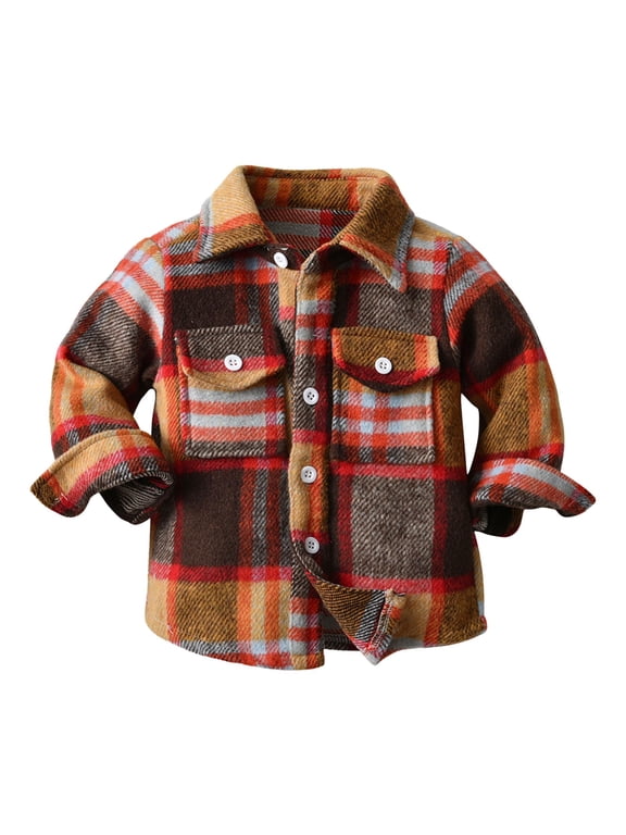 Toddler Plaid Shacket Turn Down Collar Button Outerwear Long Sleeve Lightweight Windbreaker Soft Fleece Top For Boys Girls Spring Fall Casual Fashion Outfits
