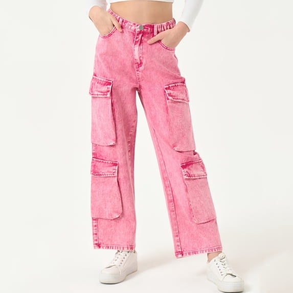 XXWXYD Tween Girls Cargo Jeans Streetwear Cool Pink Washed Wide Leg Baggy Denim Pants Zipper Fly Casual Trousers Outdoor