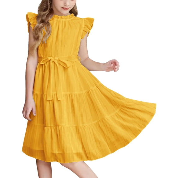 XXWXYD Tween Girls Summer Dress Formal Ruffl𝖾 Sleeve A Line Casual Elegant Dresses Belt Par𝗍y Sundress Swing 𝖥lowy Midi Dress Church School Wedding Special Occasion Everyday Wear Vacation