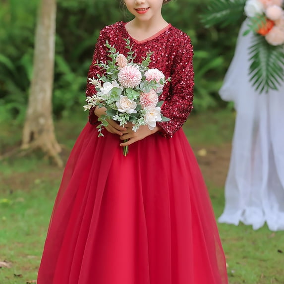 XXWXYD Vintag𝖾 Flower Lace 3/4 Sleeves Formal Wedding Par𝗍y Dance Dress for Kids Girls with Sequins Tulle Bead Quinceanera Dress for Birthday Par𝗍y Gift Princess Style