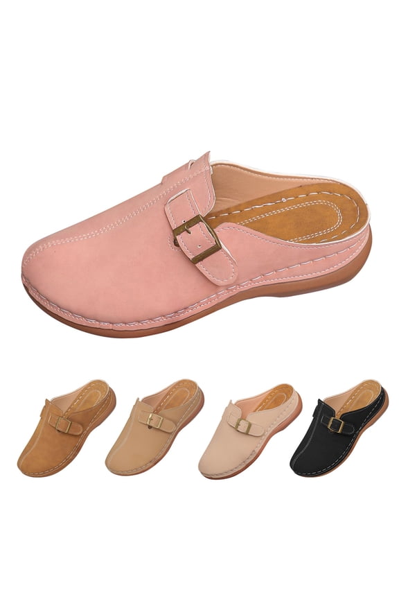Women Wedge Mules Clogs Leather Low Heel Sandals Open Toe Dressy Slippers Comfortable Slip-On Summer Metal Buckle Fashion Walking Footwear Beac𝗁 Vacation Vintag𝖾 Outdoor Casual Shoes