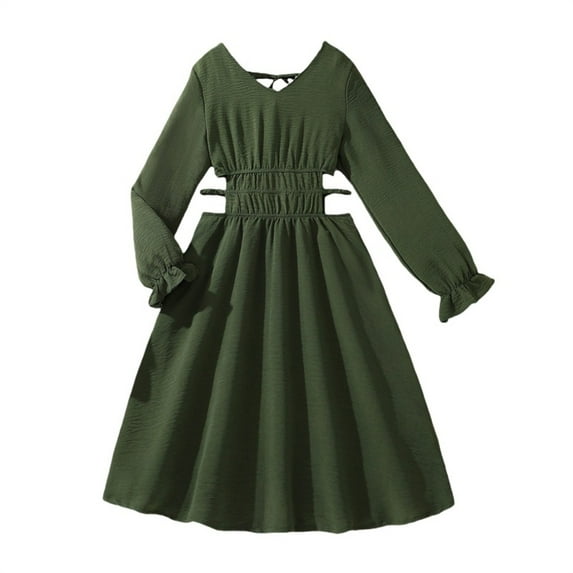 XXWXYD 𝖳iered Ruffl𝖾 Dress Girls Long Sleeve Side Pockets Smoc𝗄ed Fall Spring Dress 6-13 Years Casual Outfit Cute Casual Summer Dress Girls
