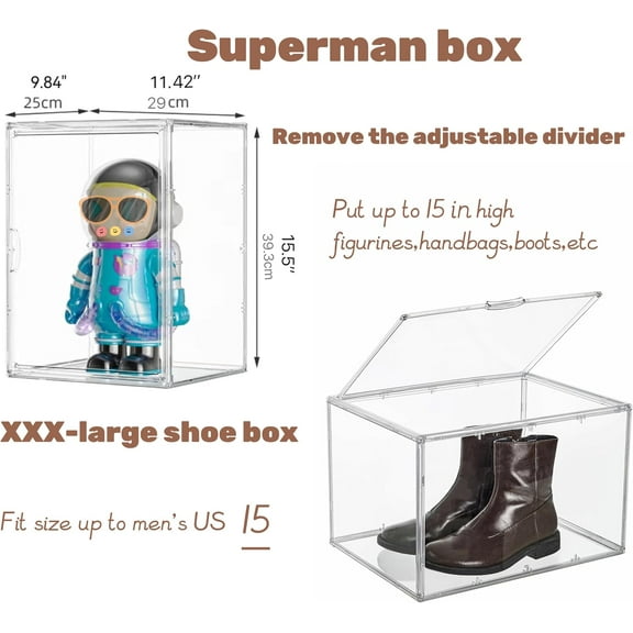 XXX-Large Clear Acrylic Display Case Boot Shoe Storage Boxes With An Adjustable Divider,2 Pack 2 Tiers Clear Plastic Stackable Storage Bins With Lids Big Display Acrylic Box With Magnetic Door