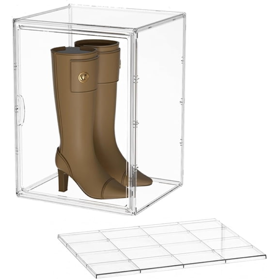 XXX-Large Clear Display Case Stackable Plastic Storage Bins with Lid, 2 Tiers Boot Shoe Box Organizers with an Adjustable Divider, Big Display Storage Box with Door