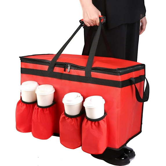 XXX-Large Insulated Food Delivery Bag with 4 Cup Holder, Reusable Hot & Cold Thermal Bags for Pizza/ Catering/ Parties/ Camping/ Picnic, Red