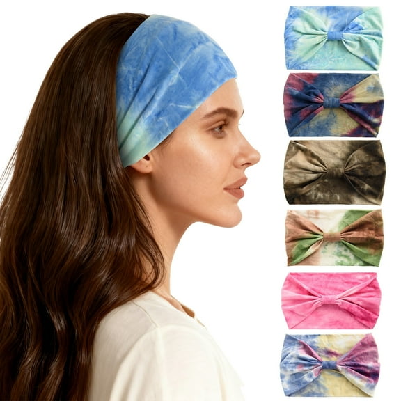 XXXFLOWER 6 Pcs Head Bands for Women Trendy Wide Knotted Headband Workout Fitness Yoga Athletic Head Wraps Tie-Dye Hair Accessories