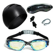XXXFLOWER Swim Goggles with Anti-Fog Lens, Adjustable Strap, Swimming Goggles Set with Comfort Fit, Swim Cap and Ear Plugs, Black and Gold, Unisex