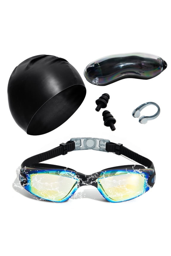 Swim Goggles with Anti-Fog Lens, Adjustable Strap, Swimming Goggles Set with Comfort Fit, Swim Cap and Ear Plugs, Black and Gold, Unisex