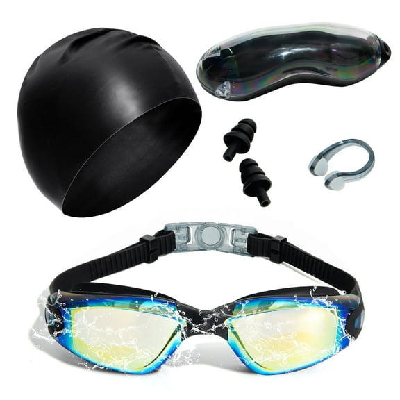 XXXFLOWER Swim Goggles with Anti-Fog Lens, Adjustable Strap, Swimming Goggles Set with Comfort Fit, Swim Cap and Ear Plugs, Black and Gold, Unisex