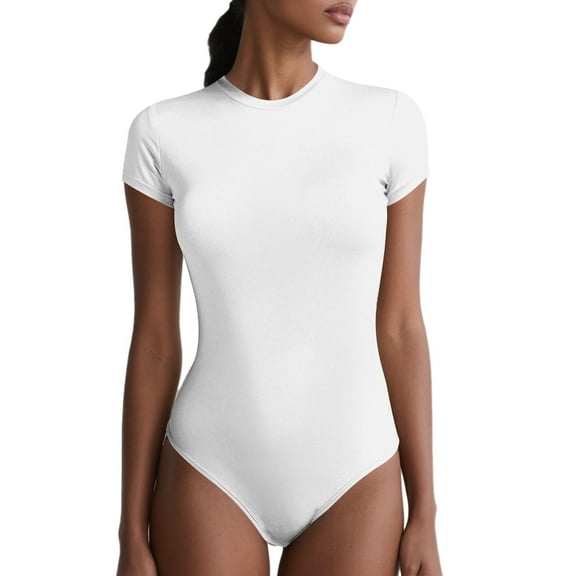 XXXFLOWER Bodysuits for Women Short Sleeve Scoop Neck Shapewear Thong Women Body Suits T Shirts Basic Jumpsuits Size M White