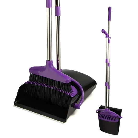 XXXFLOWER 54" Long Handle Heavy Duty Steel Dustpan with Broom and Dustpan (Black, Purple)