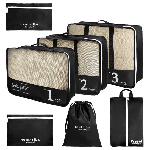 XXXFLOWER 7-Piece Travel Packing Set, Organizes Cruise Essentials Makeup Bag for Carry On (Black)