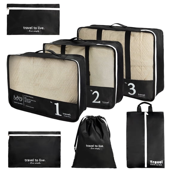 XXXFLOWER 7-Piece Travel Packing Set, Organizes Cruise Essentials Makeup Bag for Carry On (Black)