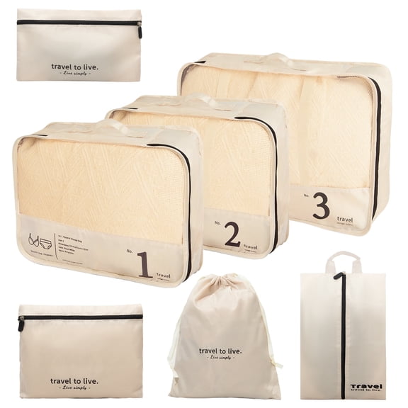 XXXFLOWER 7-Piece Travel Packing Set, Organizes Cruise Essentials Makeup Bag for Carry On (Beige)