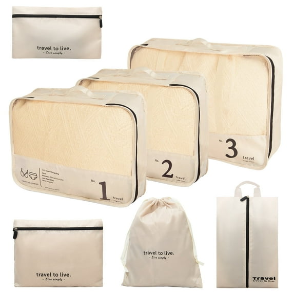 XXXFLOWER 7-Piece Travel Packing Set, Organizes Cruise Essentials Makeup Bag for Carry On (Beige)