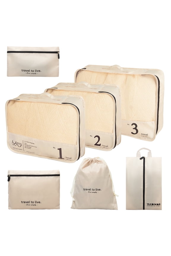 7-Piece Travel Packing Set, Organizes Cruise Essentials Makeup Bag for Carry On (Beige)