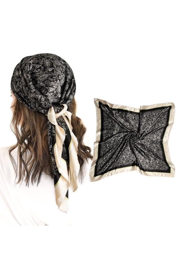Square Satin Head Scarf for Women's Hair Beach Bandanas Large Headbands 35" Boho Headwear Black