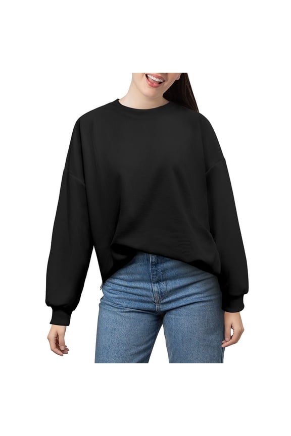 Ladies Casual Tops, Women’s Waffle Henley Long Sleeve T Shirt - Lightweight Crew Neck Blouse for Spring Autumn Daily Casual Wear(Black)L