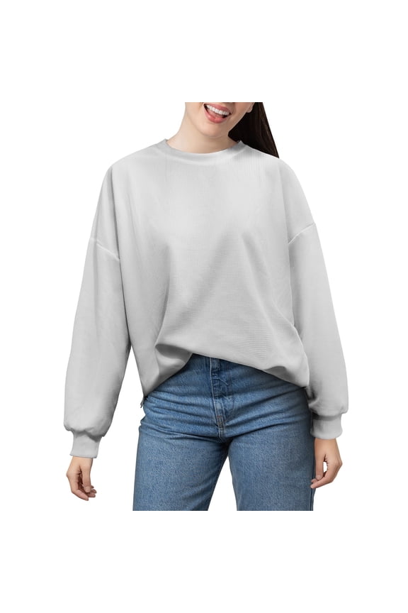 Ladies Casual Tops, Women’s Waffle Henley Long Sleeve T Shirt - Lightweight Crew Neck Blouse for Spring Autumn Daily Casual Wear(Grey)XL