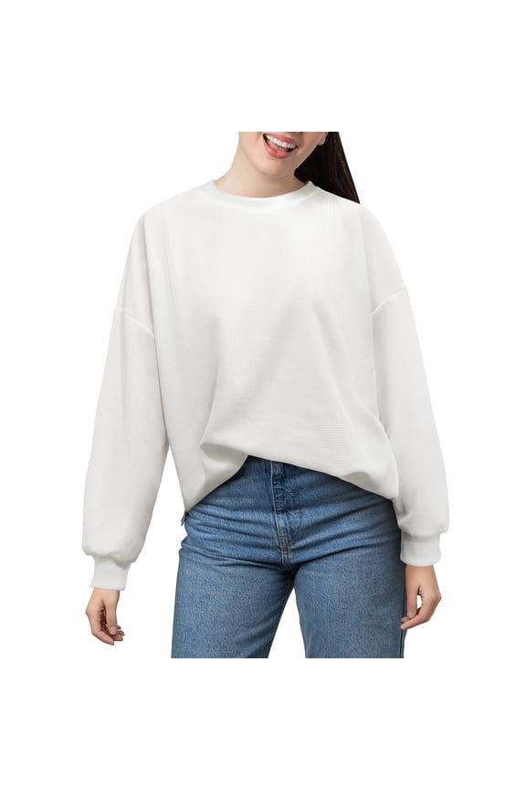 Ladies Casual Tops, Women’s Waffle Henley Long Sleeve T Shirt - Lightweight Crew Neck Blouse for Spring Autumn Daily Casual Wear(White)M