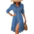 thumbnail image 1 of XXXITICAT Women's Button Down Denim Dress Long Sleeve High Waist Ruffle Midi Dress(BE,S), 1 of 4