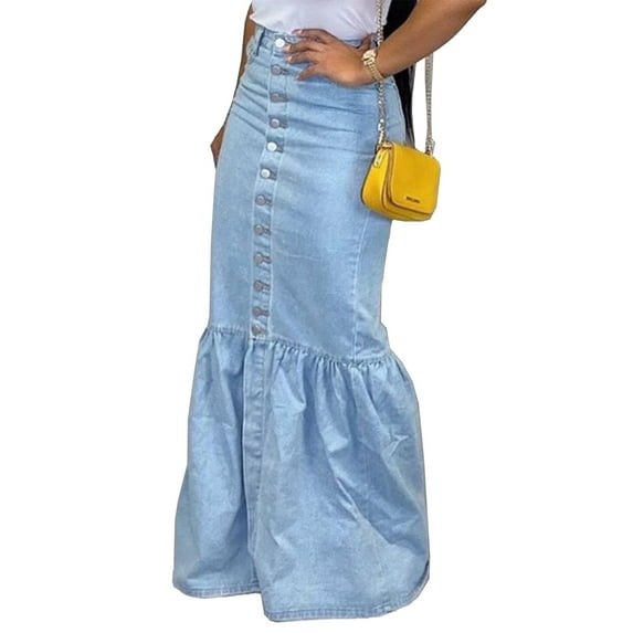 XXXITICAT Women's Button Down Denim Ruffle Maxi Dress Elegant Long Fishtail Jeans Blue Skirt(BE,S)