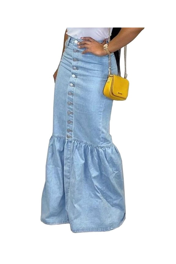 Women's Button Down Denim Ruffle Maxi Dress Elegant Long Fishtail Jeans Blue Skirt(BE,S)