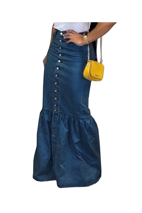 Women's Button Down Denim Ruffle Maxi Dress Elegant Long Fishtail Jeans Blue Skirt(ZQ,XL)