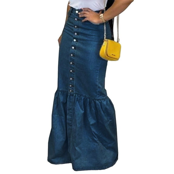 XXXITICAT Women's Button Down Denim Ruffle Maxi Dress Elegant Long Fishtail Jeans Blue Skirt(ZQ,XL)